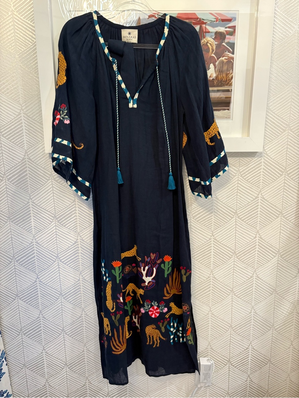 Embroidered Navy Maxi Dress with Tassel Tie by